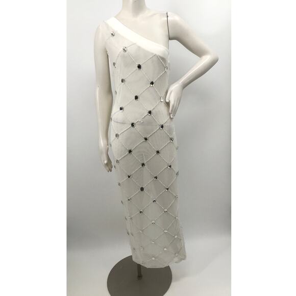 Akira White Chrissy Sheer Mesh Beaded Midi Party Dress Medium - Picture 2 of 15